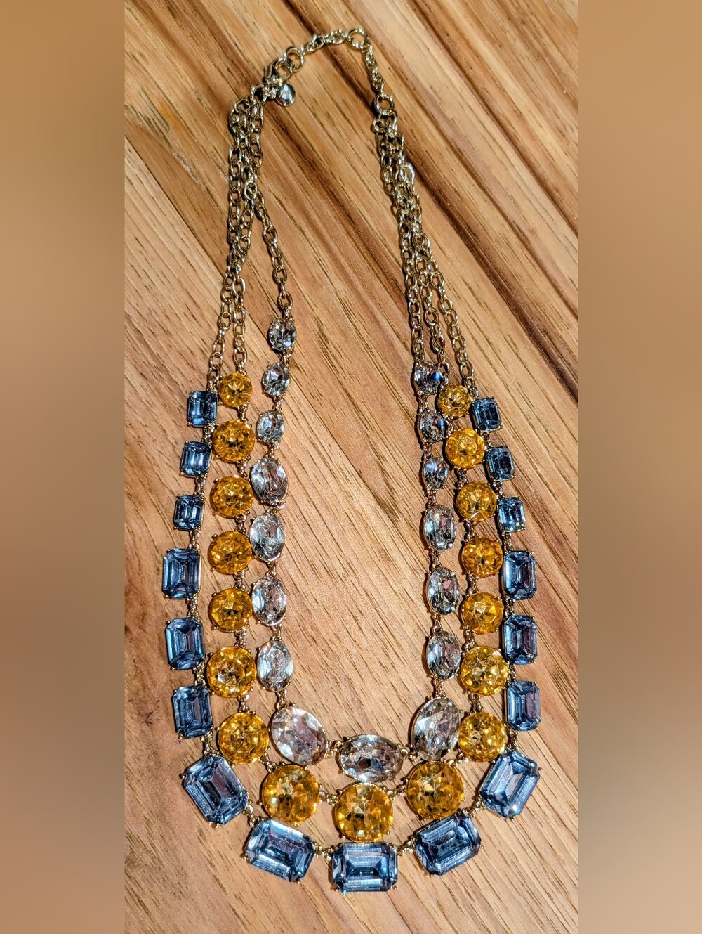 Gold-Tone Multi-Row Necklace with Yellow and Blue Stones